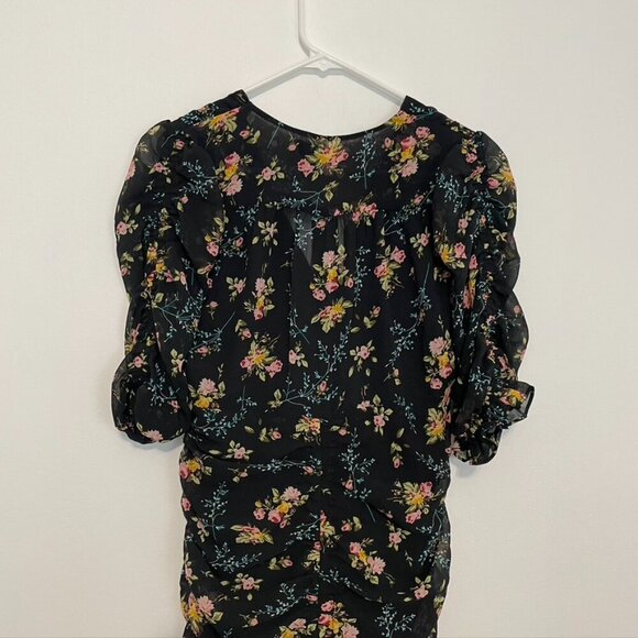 NEW NWT LEA VIOLA Shirred Floral Mini Dress Black Pink Multi Ruched Bodycon S - Picture 13 of 16